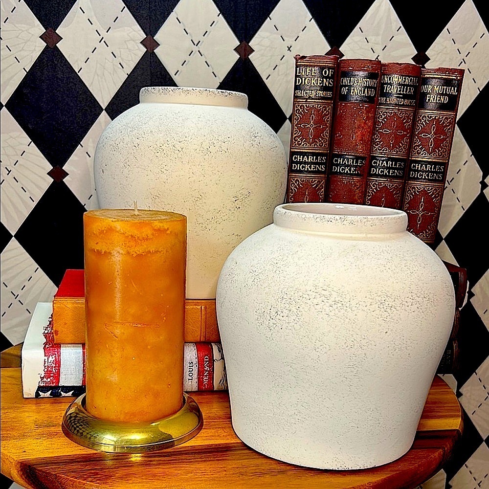 Rustic Artisan Ceramic Vase Pair – Textured White Sculptural‎ Decor